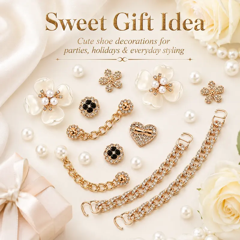 Pearl Flower Rhinestone Shoe Charms Set for Women, Bling Crystal Clog Accessories with Gold Chains, Cute Decorations for Clogs, Sandals, Sneakers & Gifts