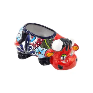 Mexican Talavera Resting Cow Planter Pot Hand Painted - Red Body Color