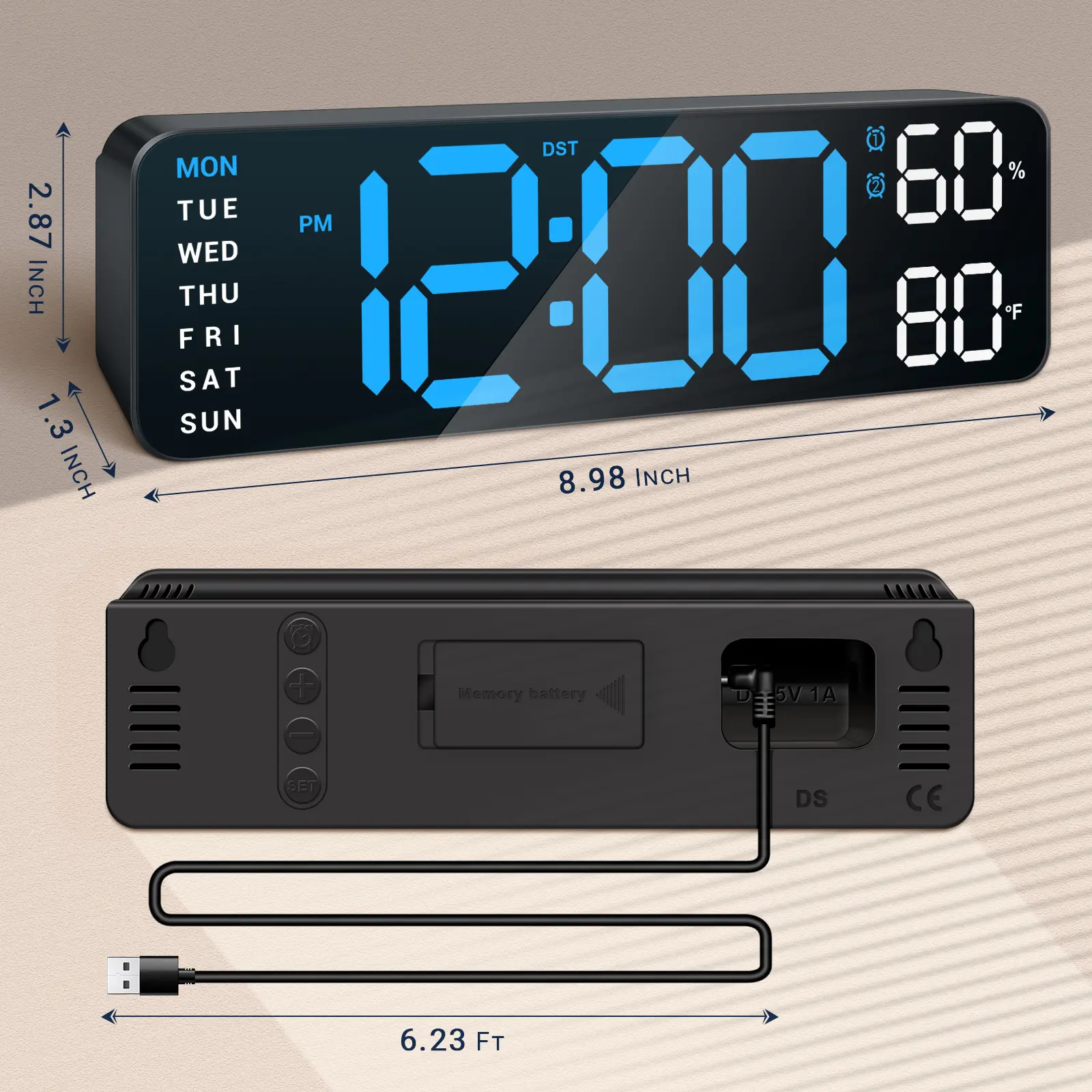 10 " Digital Desk Clock with 10-Level Auto Dimming, Bottom RGB Night Light & Countdown Timer, Dual Alarms, Temperature Humidity Sensor, Date Display for Office, Bedroom, Christmas Gifts, Small Alarm Clock for Kids Teen Boys Girls Adult, Bedside Clock