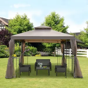 Brown Outdoor Gazebo 10x10ft Garden Gate Style Corner Structure Mesh Netting for Formal Outdoor Celebration Decoration