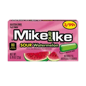 Mike and Ike Sour Watermelon 0.78 oz. Box 24 ct. - Sweet Candy with Soft and Chewy Center with Sour Watermelon Flavor - 24 Count Pack Snack Bonbon