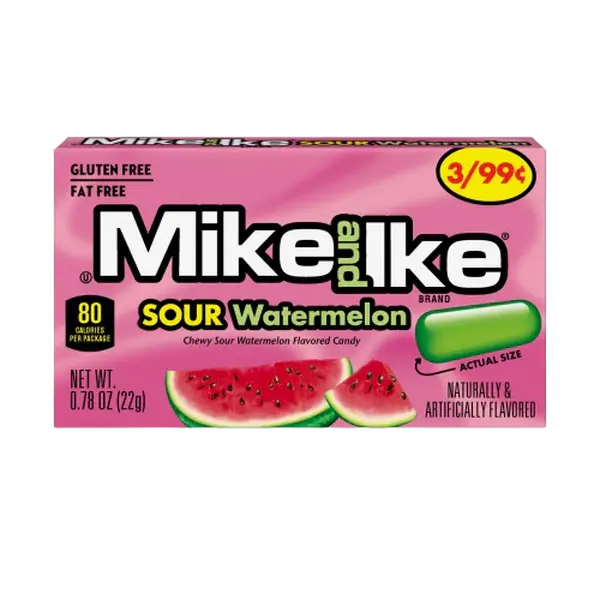Mike and Ike Sour Watermelon 0.78 oz. Box 24 ct. - Sweet Candy with Soft and Chewy Center with Sour Watermelon Flavor - 24 Count Pack Snack Bonbon