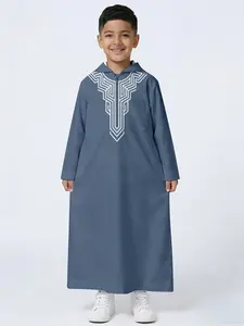 Geometric Embroidered Hooded Robe Tunic, Traditional Middle Eastern Clothing, Comfortable Skin-Friendly, Holiday Prayer Choice, Boys