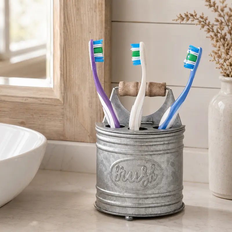 Autumn Alley Farmhouse Toothbrush Holder Galvanized Metal with Rustic Wooden Handle Unique Hinged Cover for Easy Cleaning Multiple Sections Bathroom Organizer