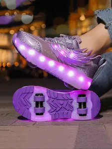 Girls' LED Light-Up Roller Skates, USB Rechargeable, Detachable Wheels, Breathable PU Leather, All-Season Casual Shoes