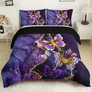 3-Piece Down Comforter Set, Fashion Classic Butterfly Flower Digital Print Bedding, Decorative Bedding Set, Soft and Cozy, Bedroom & Guest Room Use, Modern Bedding Set