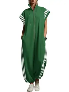 #OOTD Zipper stand up collar striped contrast fashion jumpsuit, fashionable women's oversized striped zipper jumpsuit, stand up collar loose pocket pants, casual sports summer set Rompers Bridal Overalls,casual office wear,summer clothes