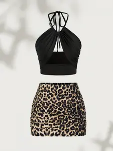 Sexy Two-Piece Set for Women, Halter Neck with Cutout Design, Short Ruffled Bodycon Mini Dress, Stylish Party