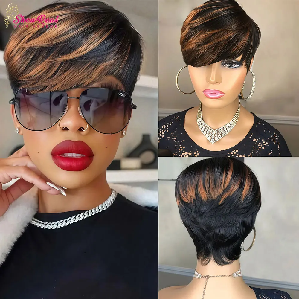 ShowReal Short Pixie Cut Wig Virgin Human Hair Black & Highlight Colorful Wig with Bangs Full Machine Ready To Go Glueless Wig for Black Women