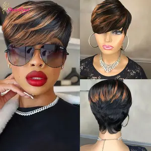 ShowReal Short Pixie Cut Wig Virgin Human Hair Black & Highlight Colorful Wig with Bangs Full Machine Ready To Go Glueless Wig for Black Women
