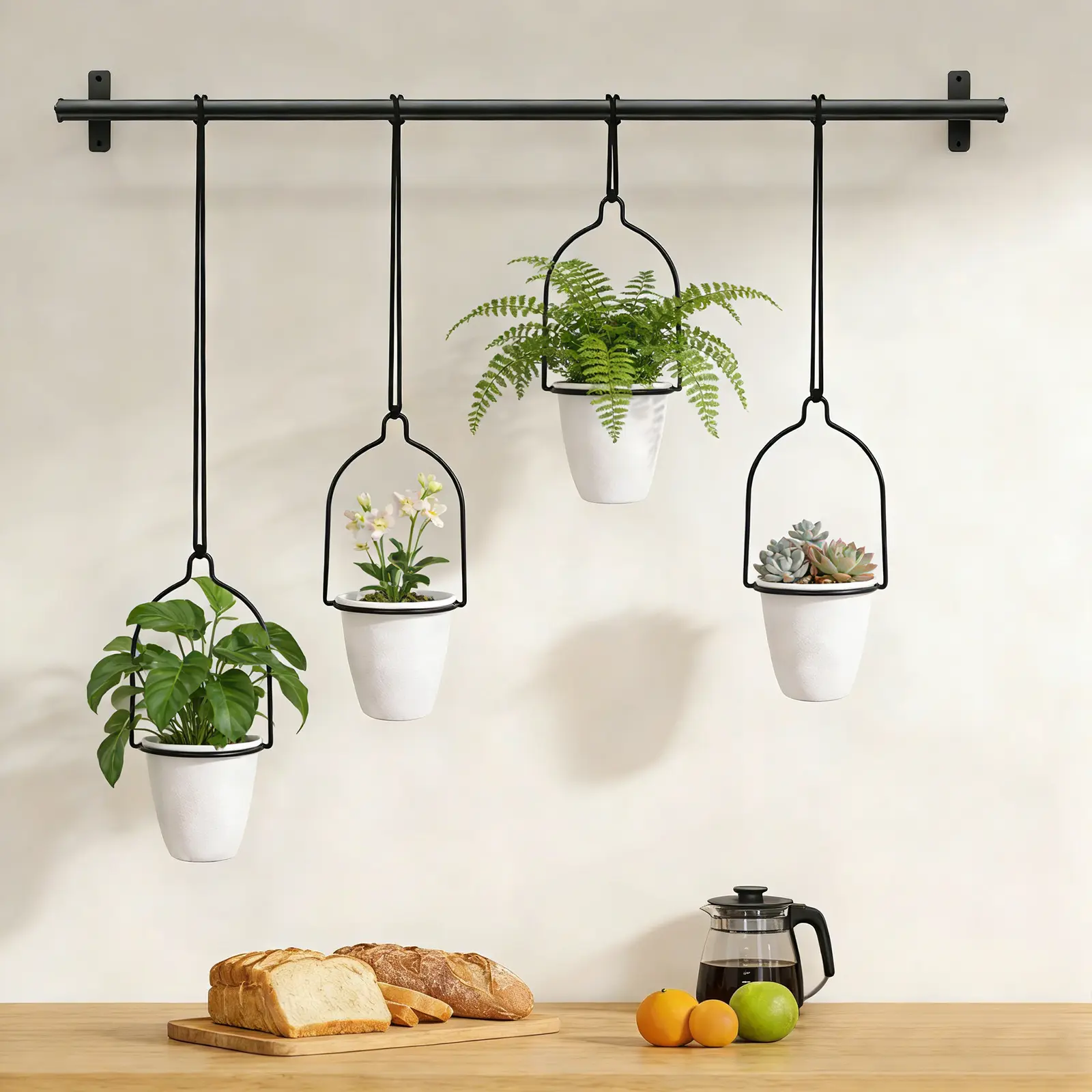 Adjustable Hanging Flower Pots & Planters with 3/4 Plastic Pots, Nylon Cord Hanger - Ceiling Decor, Flexible Design, Easy to Use, Multifunctional for Indoor Window Herb Garden, Outdoor Wall/Rail Storage, 3/4Pcs