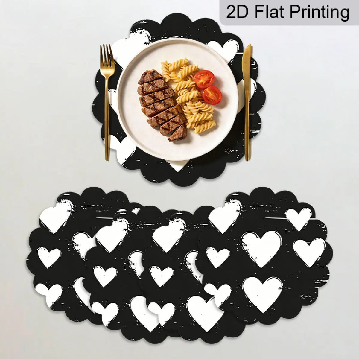 4pcs/set Black ＆ White Heart Place Mats, 2D Print, Simple Design, Suitable for Table Decoration, Restaurants, Hotels, Kitchens, Holiday Banquet Table Decoration, Valentine's Day, Party Decoration Heart Placemats
