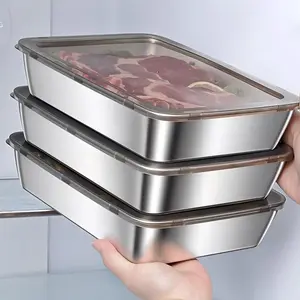 Stainless Steel Rectangular Tray with Lid – Thickened food-grade storage tray for steaming, serving and food preservation. Durable multi-purpose kitchen container, not microwave safe.
