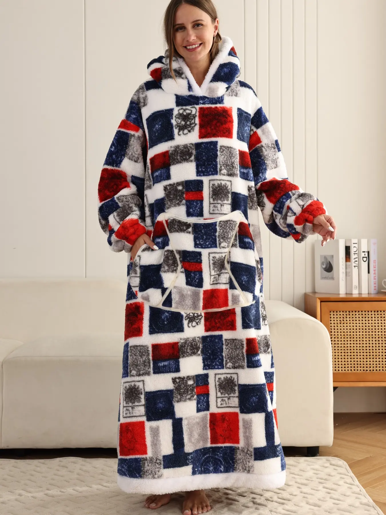 Christmas Deer Long Elegant Casual Baggy Bathrobe, Loungewear, with Pockets, Soft Comfortable, Unisex Home Sleepwear, Fall & Winter Gift