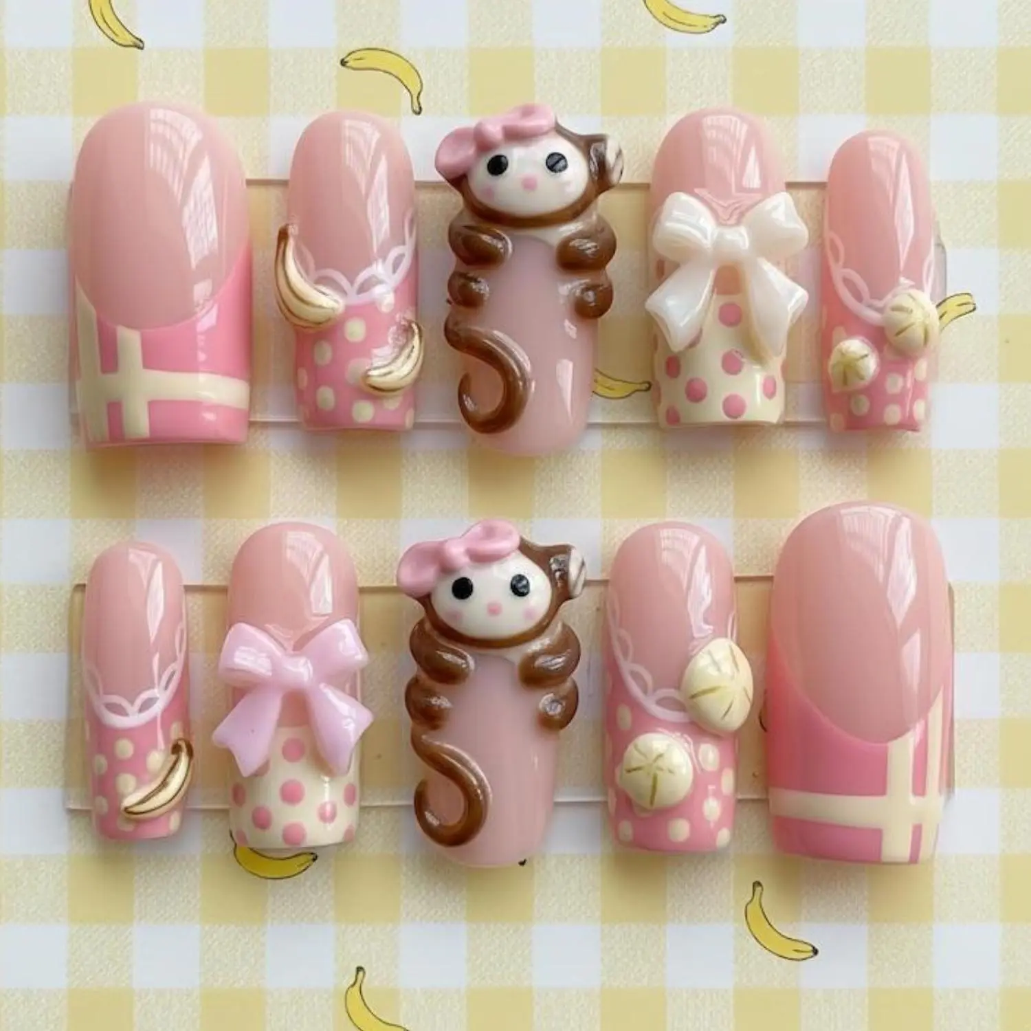 Sweet Plushie Coquette Press-On Nails, Soft Pink and Cream Polka Dot Design with 3D Plush Charm, Ribbon and Banana Details, Glossy Kawaii Holiday Nail Art Set