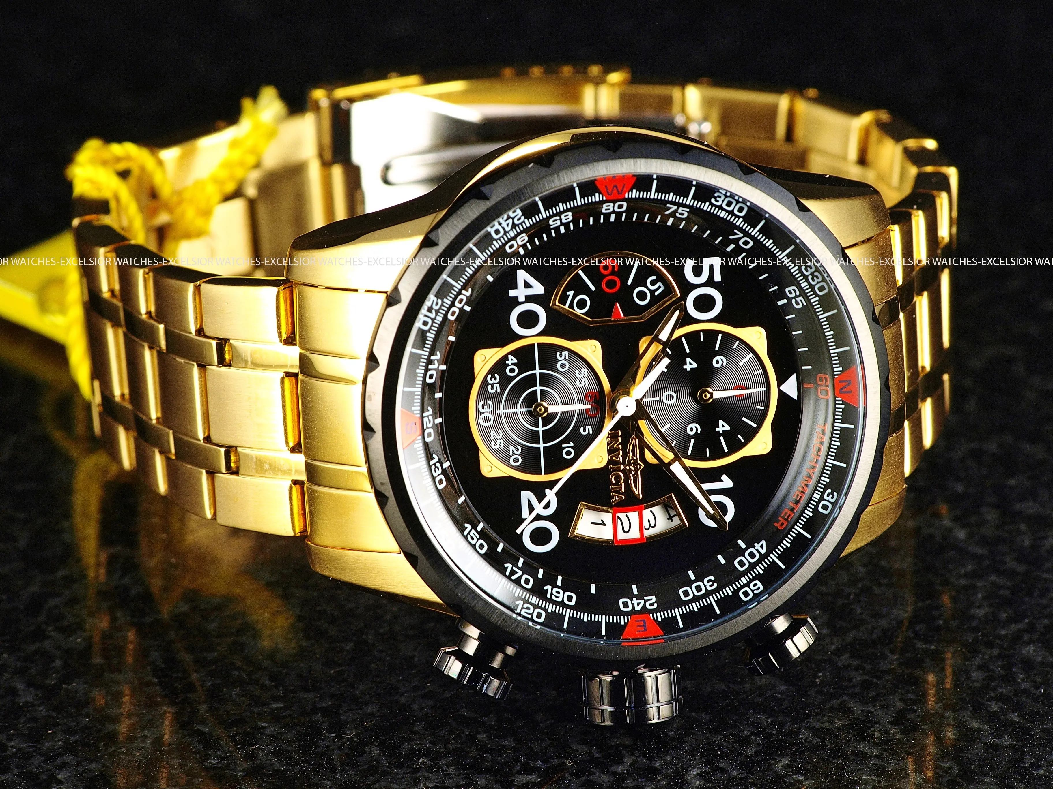 New Invicta Men's AVIATOR CHRONOGRAPH Quartz Gold Tone SS 48mm Black Dial Watch