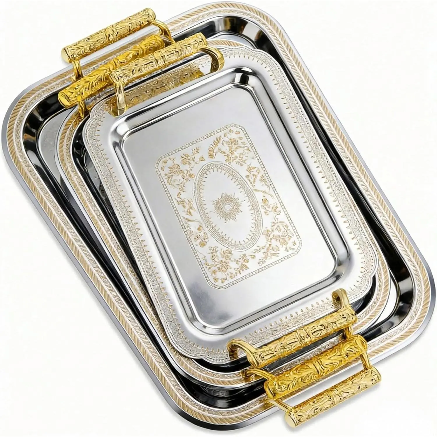 3-Pack Stainless Steel Rectangle Serving Trays (12x8in) - Sturdy, Corrosion-Resistant, BPA-Free, Mirror Polished, Gold Metal Handles, Floral Trim, Display Tray Plates with Handles Plates for Buffet, Special Occasions