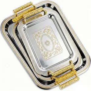 3-Pack Sturdy, Stylish Stainless Steel Rectangle Serving Trays with Gold Handles, Silver Metal Platters for Buffet, Wedding Party Use; Ideal for Coffee, Tea, Jewelry Display