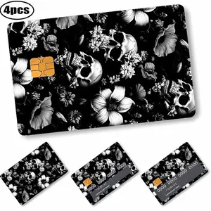 4 Gothic Floral Skull Credit Card Stickers | Self-adhesive PVC Decals with Glitter Effect, Black and White Design, Suitable for Bank Cards, Key Cards, Transit Cards - Durable, Easy to Apply, Artistic Card Surface Protectors