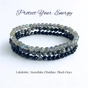 Shield Your Aura Stack- 4mm Protect Your Energy Natural Crystal Bracelet Set - Mini Labradorite Black Onyx & Snowflake Obsidian - High Vibe Jewelry for Men & Women Stackable Grounding