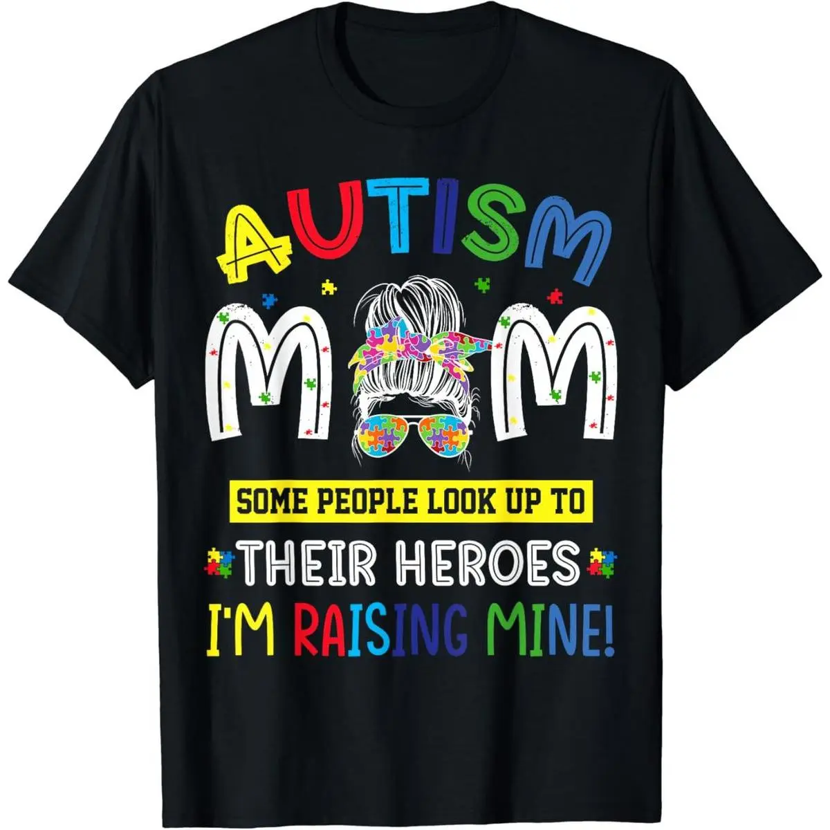 Men's Autism Awareness Breathable Cotton Round Neck T-Shirt - Retro Summer Short-Sleeve Tops, Machine Washable, Autism Mom Raising Hero Messy Bun Graphic Streetwear