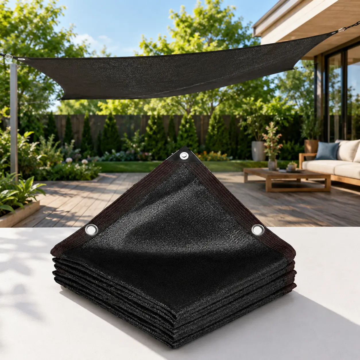 Black Sun Shade Sail, UV Block Sunshade Canopy, Heavy Duty Mesh Sun Shade Cloth for Patio, Garden, Backyard, Outdoor, Permeable, Breathable, with Reinforced Corners & Ropes