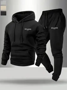 Fall outfits,Men's Fall Fitted Long Sleeve Hoodie Set, Matching Top & Pants, Milano Italy Print, Casual Fashion, Comfortable Daily Wear, Stylish & Relaxed Look