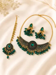 Indian Bridal Jewelry Set, Kundan Inspired Choker Necklace Earrings and Maang Tikka Set, Bollywood Wedding Party Jewelry Accessories for Women