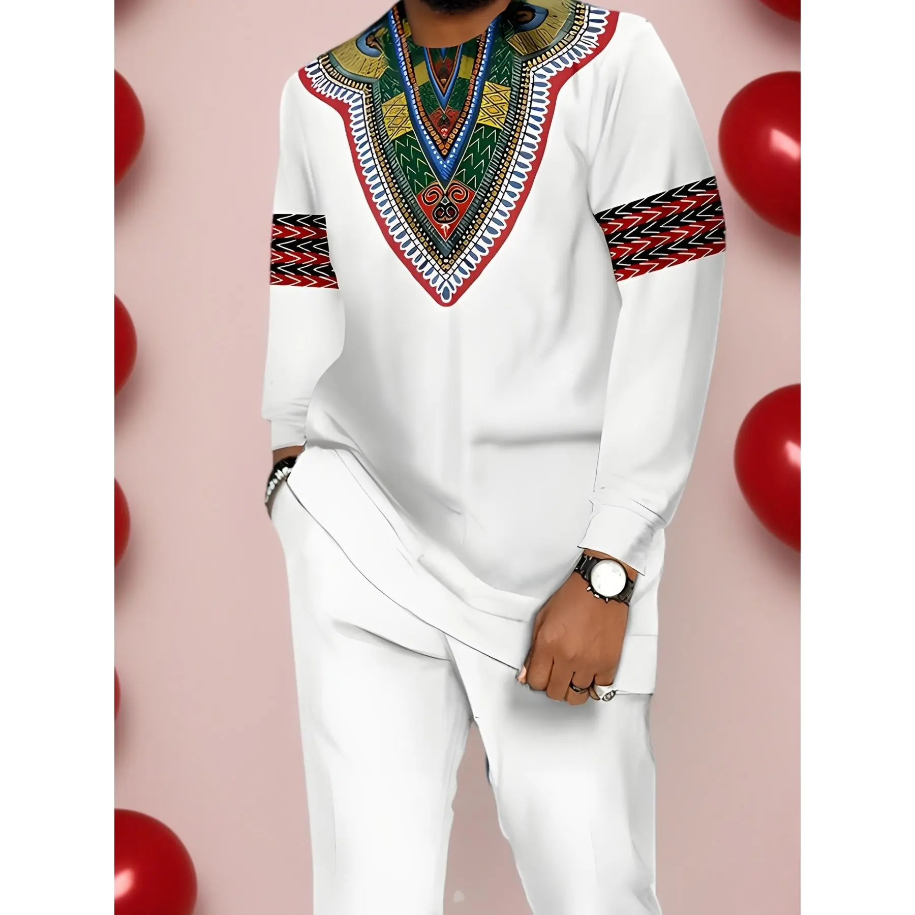Men's Pajama Set, 2-Piece Ethnic Geometric Print Breathable Knit Casual Loungewear with Crew Neck and Pockets, Nightwear, Menswear