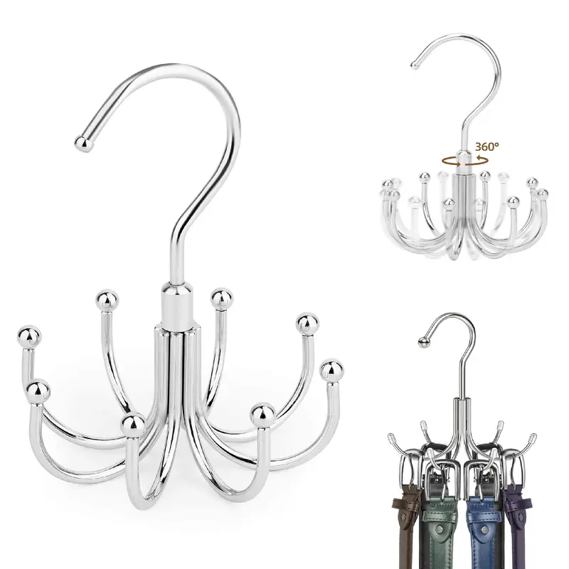 Heavy-Duty Polished Metal Space-Saving Hanger & Tie Rack - Clothing Organizer with 24 High-Capacity Hooks, 360° Swivel, Adjustable Home Storage for Purses, Scarves, College Dorm Essentials