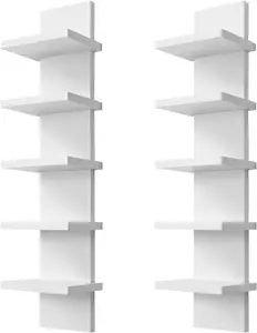 2 Pack 5 Tier Wall Shelf Unit - Narrow Smooth Laminate Finish - Vertical Column Wall Decor Mount Floating Storage Home Decor Organizer Tall Tower Utility Shelf for Bedrooms, Living Rooms(White)