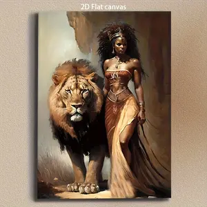 A Decorative Painting, Depicting African Goddess and Lion, Vintage Modern Style, Suitable for Indoor/Outdoor, Tribal Theme Room Decoration, Lion and Female Illustration, Framed Wrapped Canvas Gift Print