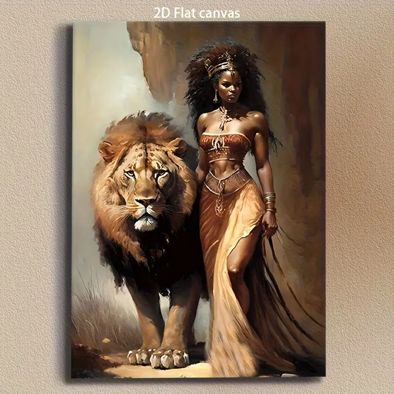 Framed Wrapped Canvas African Wall Art - Animal Art Prints of African Goddess and Lion, Vintage Modern Tribal Style, Indoor-Outdoor Home Decor Gift, African Wall Arts