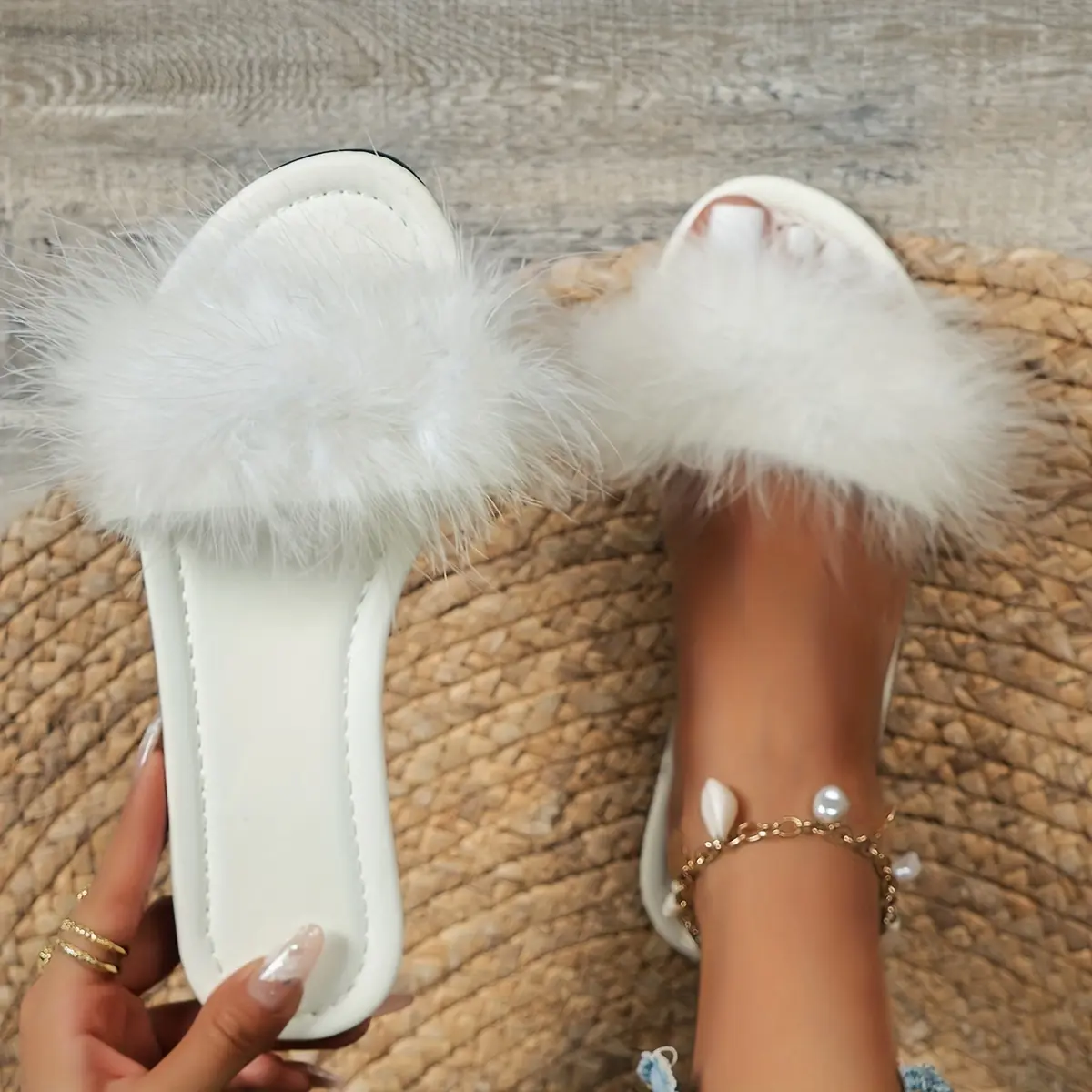 Women's Chic Fluffy Feather Slipper Sandals - Plastic Footwear with Rubber Sole, Strappy Back, No Heel, Comfy Slip-On, Round Toe Slides for Casual Wear, All Seasons, Synthetic Man-Made Material