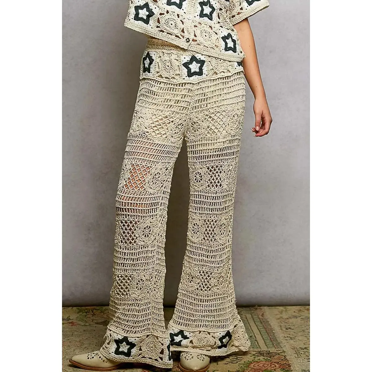 Openwork Crochet Flare Pants With Contrast Star