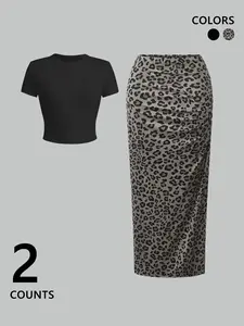 Women's Leopard Print Curved Hem Fitted Crop Top & Skirt Two-Piece Set, Casual Fashion Cozy Top & Skirt for Daily Outdoor Wear, Ladies for Summer, Clothes, Womenswear