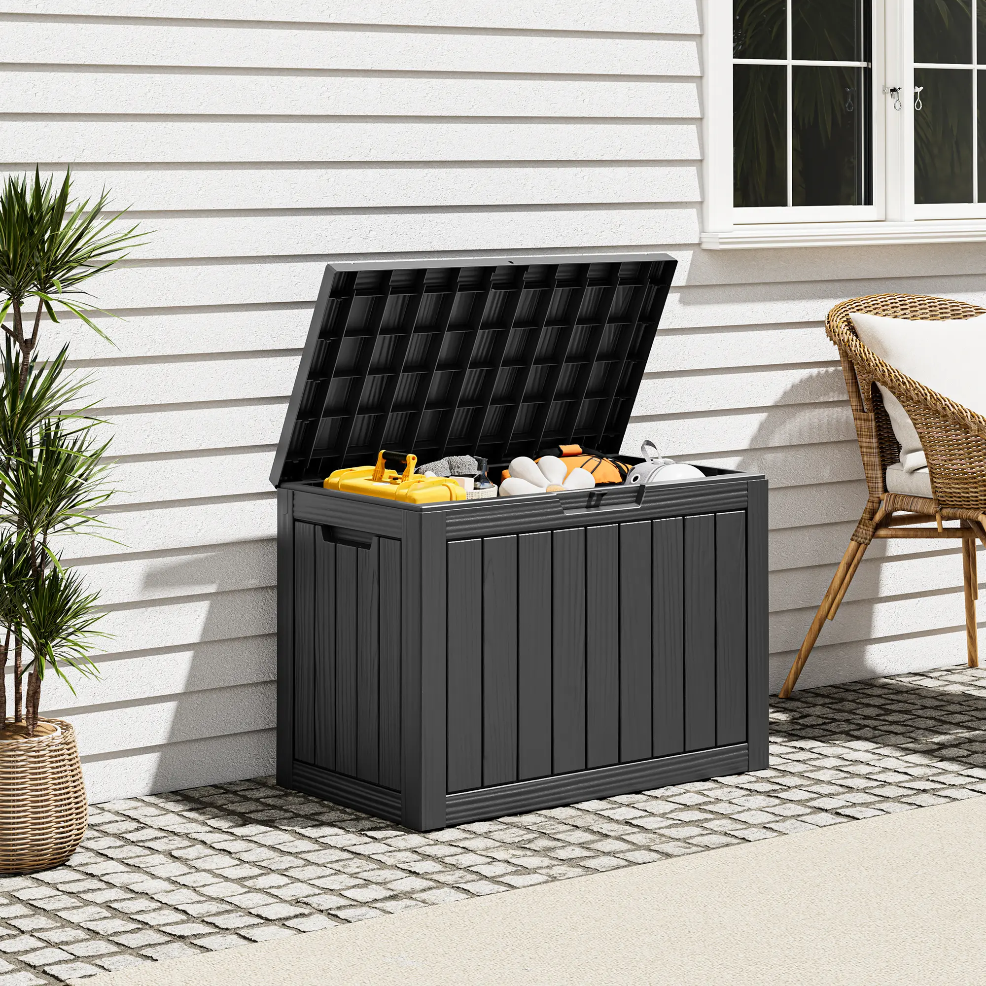 45Gallon Medium-Sized Outdoor Deck Box | Waterproof Resin Storage for Garden, Patio, Poolside – Lockable & Easy to Assemble, Summervibes