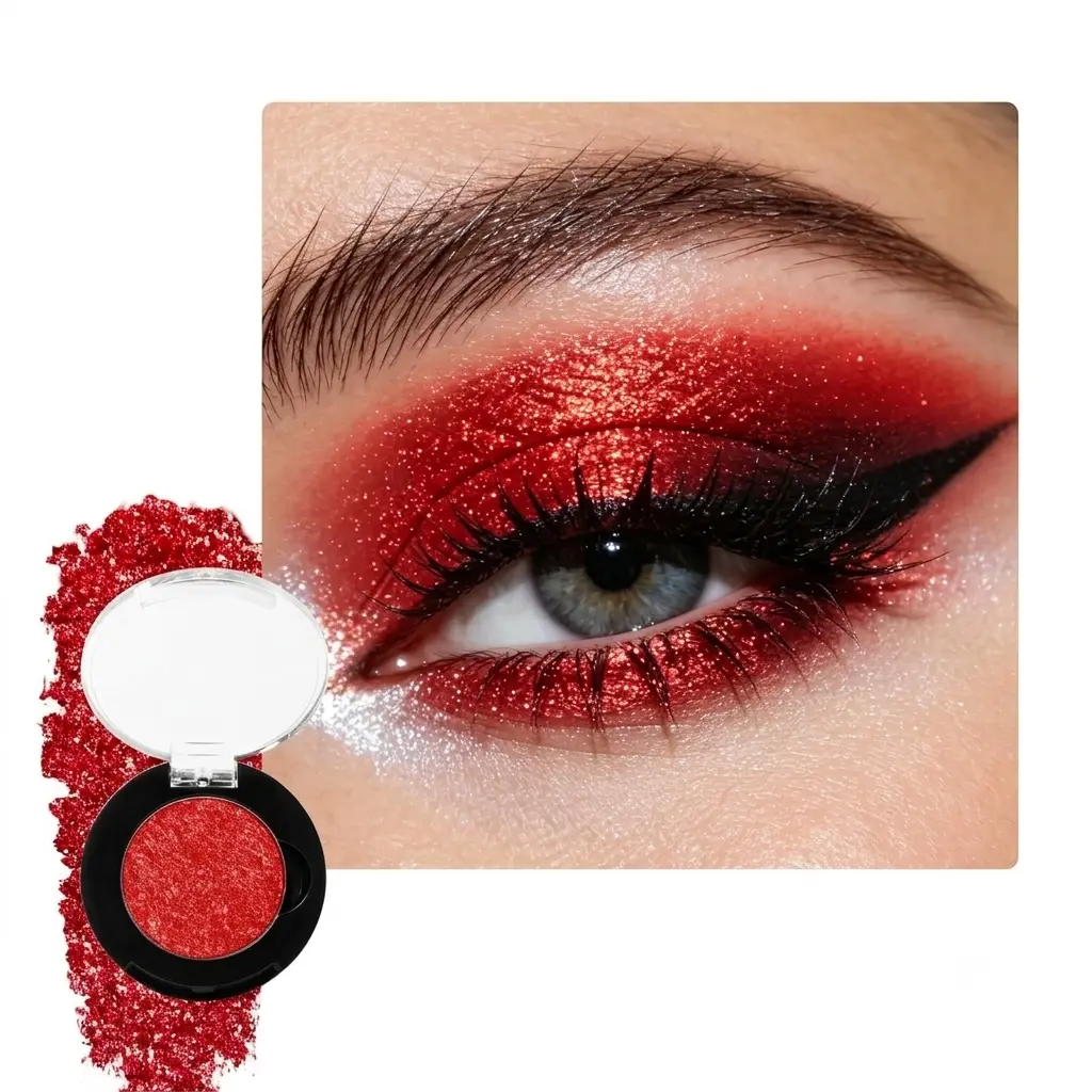 Red Glitter Eyeshadow, Highly Pigmented Shimmer Eyeshadow Red Eye Makeup, Bright Sparkly Fine Pressed Glitter Long Lasting Diamond Metallic Eye Shadow,Silky Waterproof Burgundy Goth Makeup/Highlighter