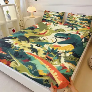 Pcs Vintage Dinosaur Print Fitted Sheet Set(One Bedspread and Two Pillowcases), Breathable Noise Jungle Dinosaur Reducing Bedcap, Cartoon T-Rex Dino Pattern Mattress Cover, Non-slip Fit, No Fading after Washing
