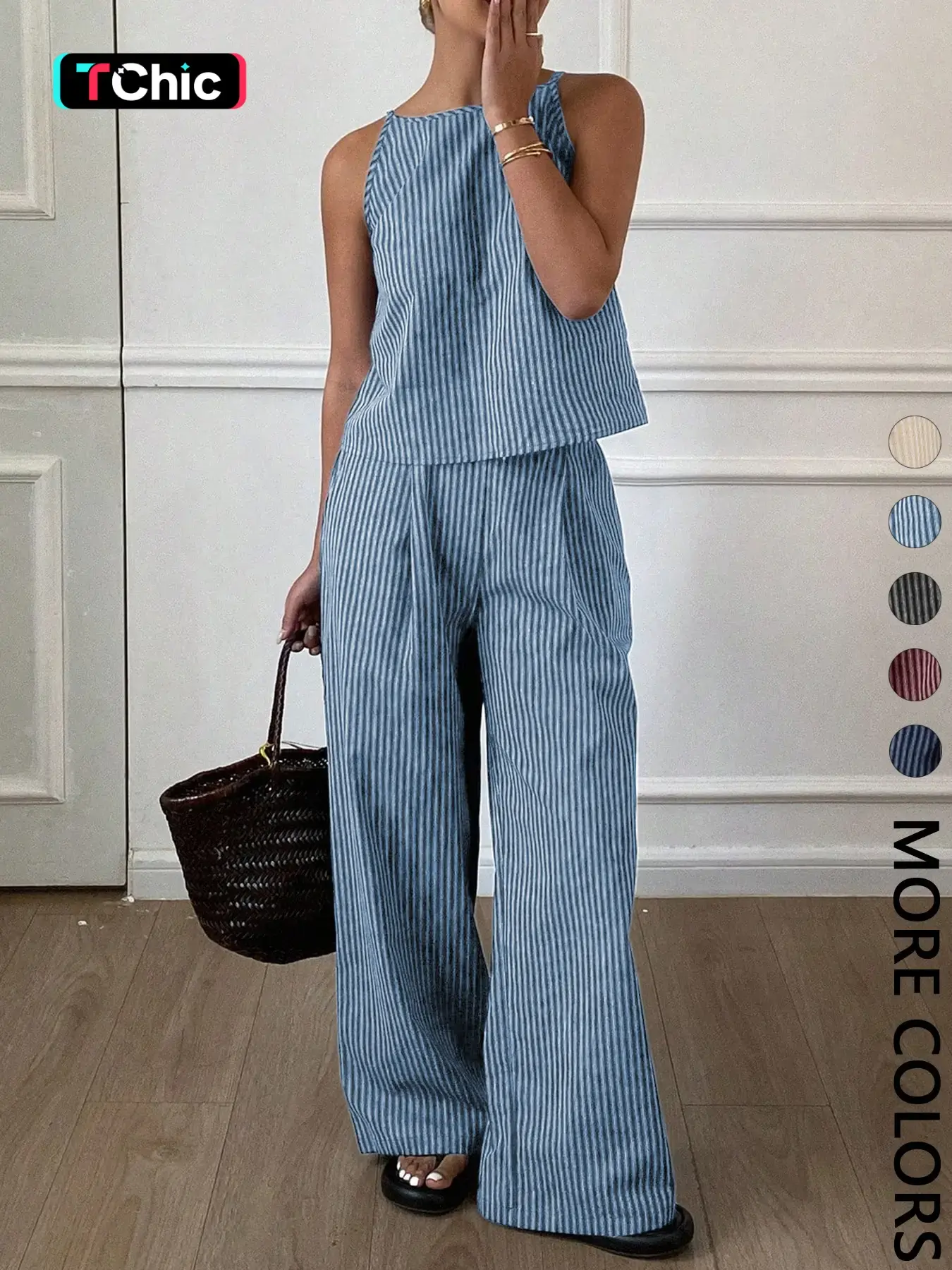 Two-Piece Women's Casual Everyday Summer Striped Lightweight Spaghetti Strap Sleeveless Vest Top & Loose Long Pants Matching Outfit Set, Comfortable Stylish Set