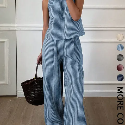 Two-Piece Women's Casual Everyday Summer Striped Lightweight Spaghetti Strap Sleeveless Vest Top & Loose Long Pants Matching Outfit Set, Comfortable Stylish Set