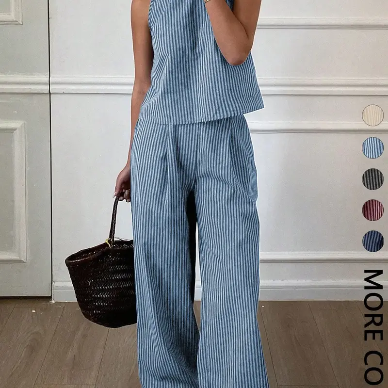 Two-Piece Women's Casual Everyday Summer Striped Lightweight Spaghetti Strap Sleeveless Vest Top & Loose Long Pants Matching Outfit Set, Comfortable Stylish Set