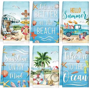 6 Pcs Summer Beach Kitchen Towels Beach Truck Shell Dish Towels Absorbent Soft Kitchen Fingertip Towels Blue Fresh Summer Towel Set 21x14 Inch for Bathroom Holiday Seasonal Decor