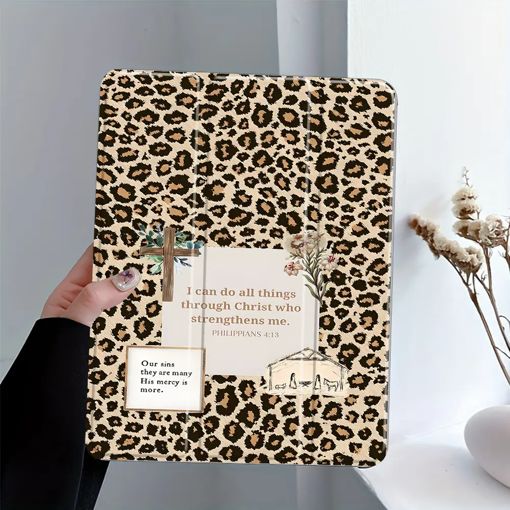 Leopard Print Acts 4:13 Christian Scripture Pattern, with adjustable stand and pen slot, foldable non-slip TPU protective case, suitable for Samsung, iPad mini, iPad Air, iPad Pro/iPad 10th generation, 11th generation and other iPad series protective case