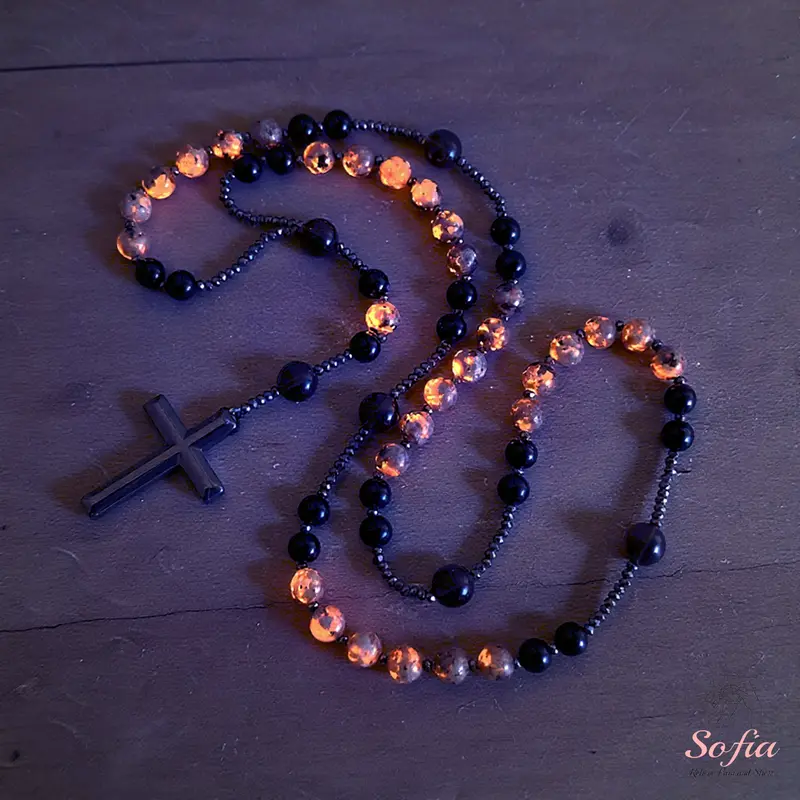 Natural Obsidian Yooperlite Rosary Necklace UV Reactive Protection Necklace Hematite Stone Cross Pendant Necklace Gift for her, gift for him