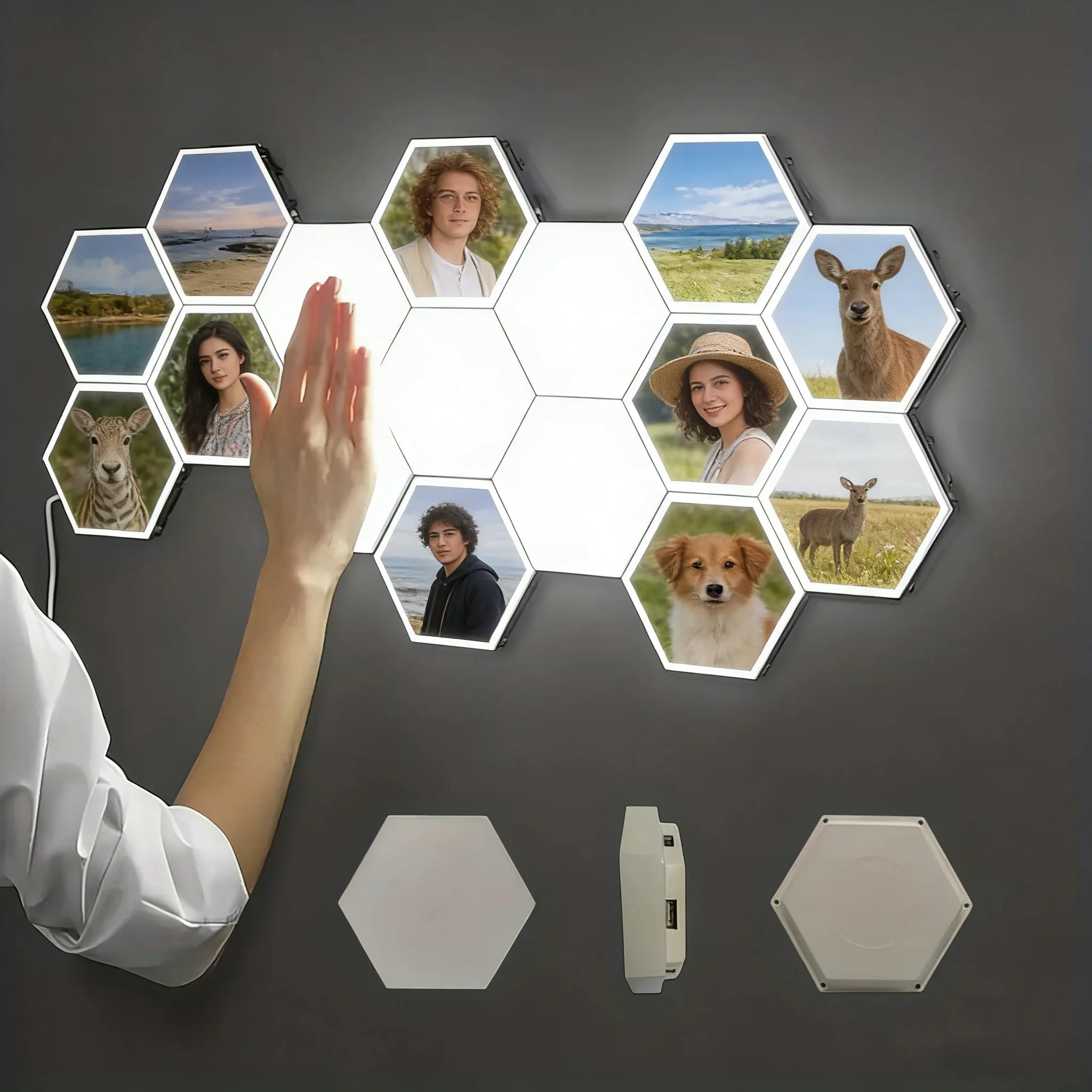 Personalized Contemporary Hexagonal Wall Lamp - 6 Independent Panels Modular Kit, White Touch Control, USB-Powered, Smart Sensor, Easy to Customize, Cozy Indoor Bedroom Decor, Corporate Front Desk DIY Festive Supply