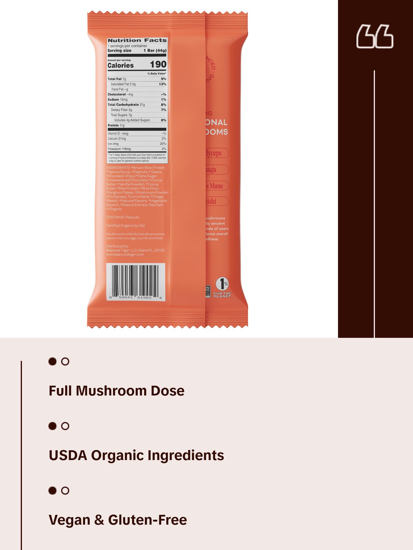 Organic Functional Mushroom Protein Bars | Full Dose (1500mg) Lions Mane, Chaga, Reishi & Cordyceps Bars | Vegan | Peanut Butter Chocolate Flavor