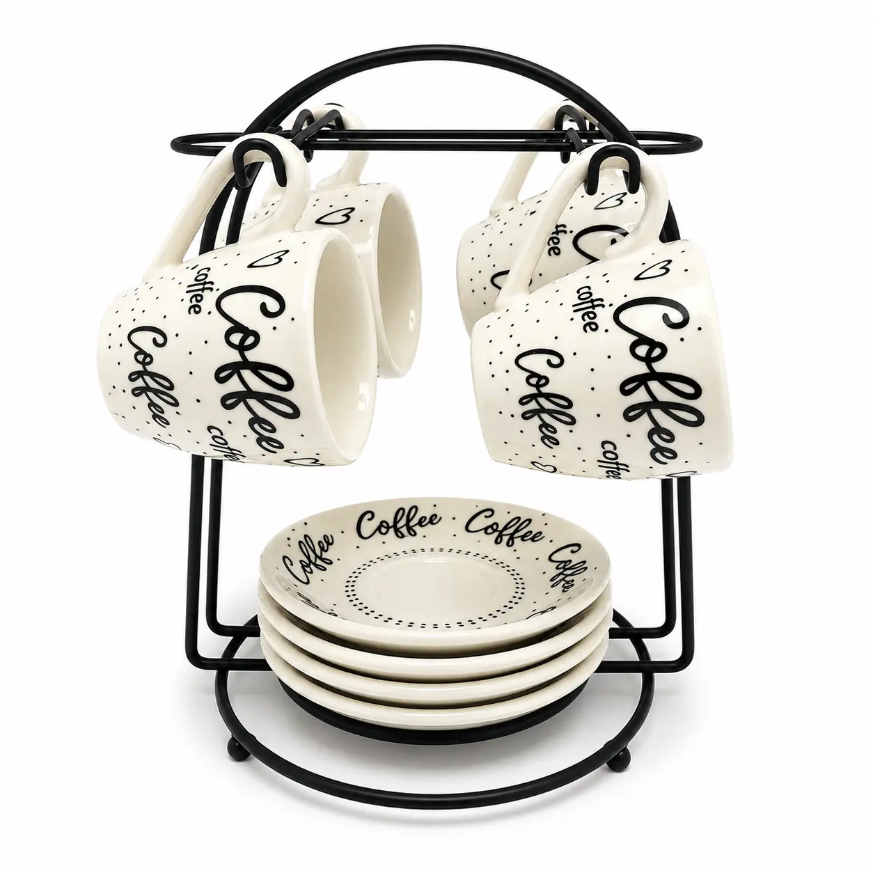 4-Piece Ceramic Cuban-Style Cup & Saucer Set - White Coffee Script Decorative China, Metal Stand, Espresso Kitchen Drinkware, Gift Cup & Saucer Sets, Decorative Choice for Everyday Use, Thoughtful Gifting