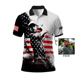 Custom Golf Polo Shirt with Your Face Cartoon on USA Flag Design for Men and Women - Personalized Patriotic Golf Apparel Gift for Golfers, Breathable Fabric, Perfect for Golf Course or Casual Wear, Fast US Shipping