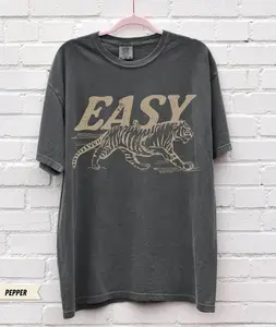 Comfort Colors Easy Tiger T-shirt - Casual Crew Neck, 4th of July Shirt, Long Sleeve, Graphic Design, Available in Multiple Colors, Suitable for Men & Women - Top